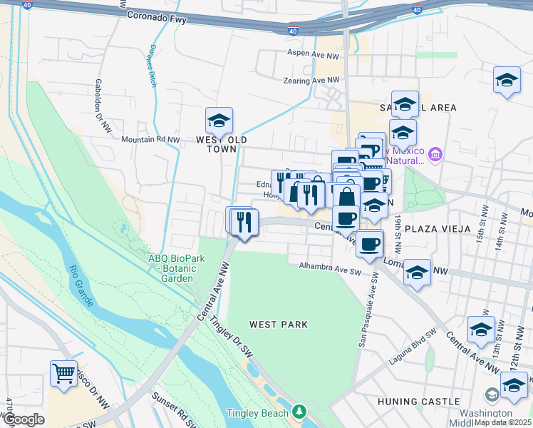 map of restaurants, bars, coffee shops, grocery stores, and more near 2401 Central Avenue Northwest in Albuquerque