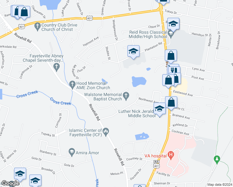 map of restaurants, bars, coffee shops, grocery stores, and more near 332 Peterson Place in Fayetteville