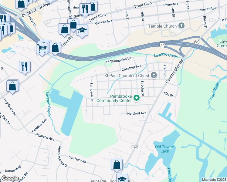 map of restaurants, bars, coffee shops, grocery stores, and more near 2401 New Bern Avenue in New Bern