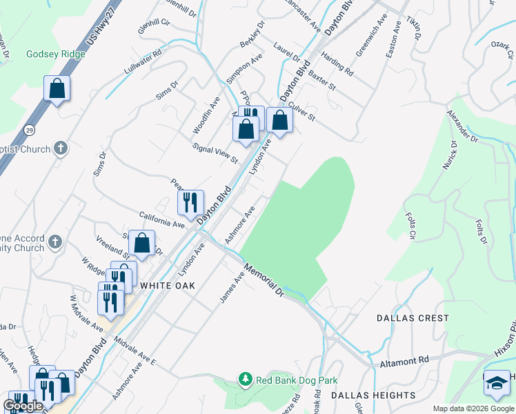 map of restaurants, bars, coffee shops, grocery stores, and more near 2426 Ashmore Avenue in Chattanooga