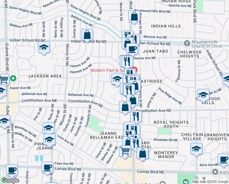 map of restaurants, bars, coffee shops, grocery stores, and more near 11800 Princess Jeanne Avenue Northeast in Albuquerque