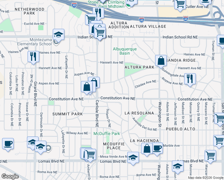 map of restaurants, bars, coffee shops, grocery stores, and more near 1401 Solano Drive Northeast in Albuquerque