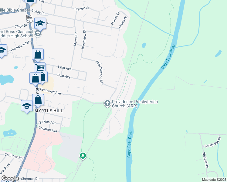 map of restaurants, bars, coffee shops, grocery stores, and more near 2877 Copenhagen Drive in Fayetteville