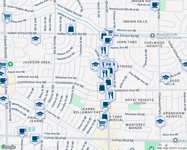 map of restaurants, bars, coffee shops, grocery stores, and more near 11800 Princess Jeanne Avenue Northeast in Albuquerque