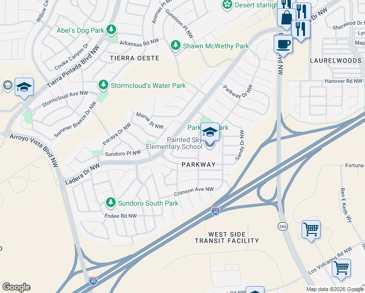 map of restaurants, bars, coffee shops, grocery stores, and more near 8412 Cedarcroft Road Northwest in Albuquerque