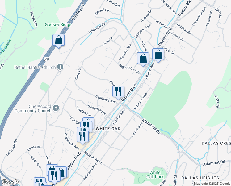 map of restaurants, bars, coffee shops, grocery stores, and more near 112 Peace Street in Chattanooga