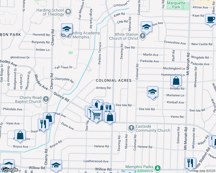 map of restaurants, bars, coffee shops, grocery stores, and more near 1329 South Perkins Road in Memphis
