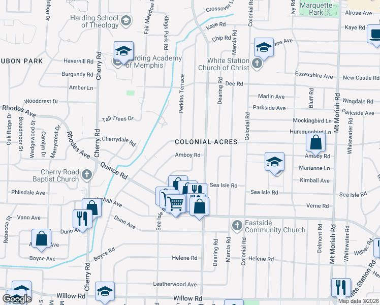 map of restaurants, bars, coffee shops, grocery stores, and more near 4609 Amboy Road in Memphis