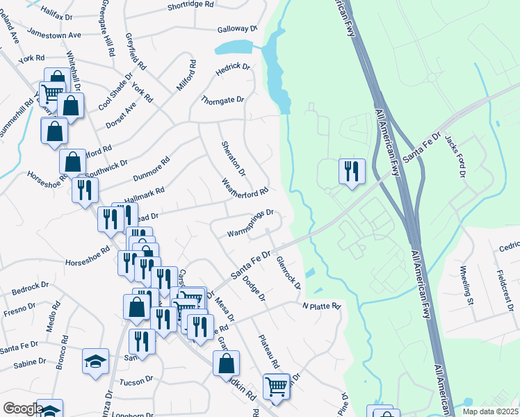 map of restaurants, bars, coffee shops, grocery stores, and more near 503 Warmsprings Drive in Fayetteville