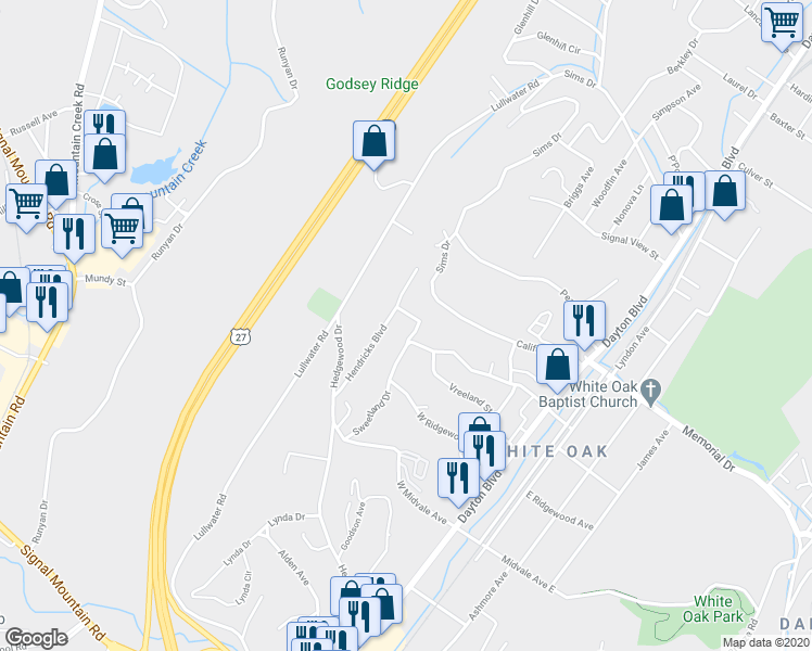 map of restaurants, bars, coffee shops, grocery stores, and more near 309 Sweetland Drive in Chattanooga