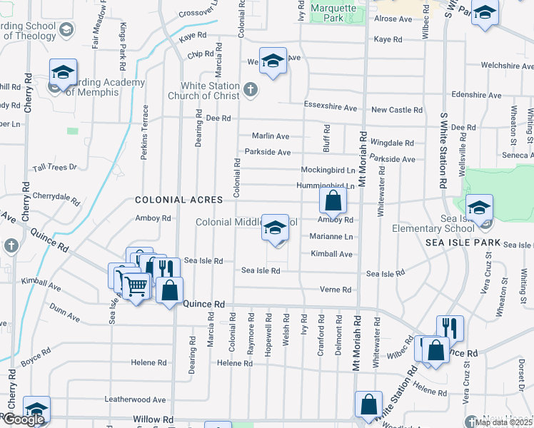 map of restaurants, bars, coffee shops, grocery stores, and more near 4816 Amboy Road in Memphis