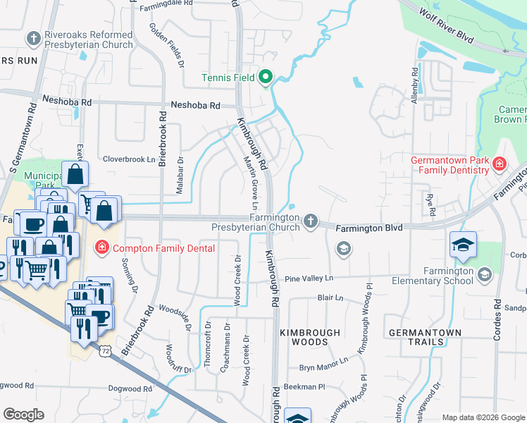map of restaurants, bars, coffee shops, grocery stores, and more near 8145 Farmington Boulevard in Germantown