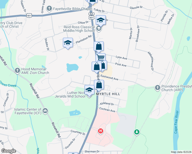 map of restaurants, bars, coffee shops, grocery stores, and more near 2717 Ramsey Street in Fayetteville