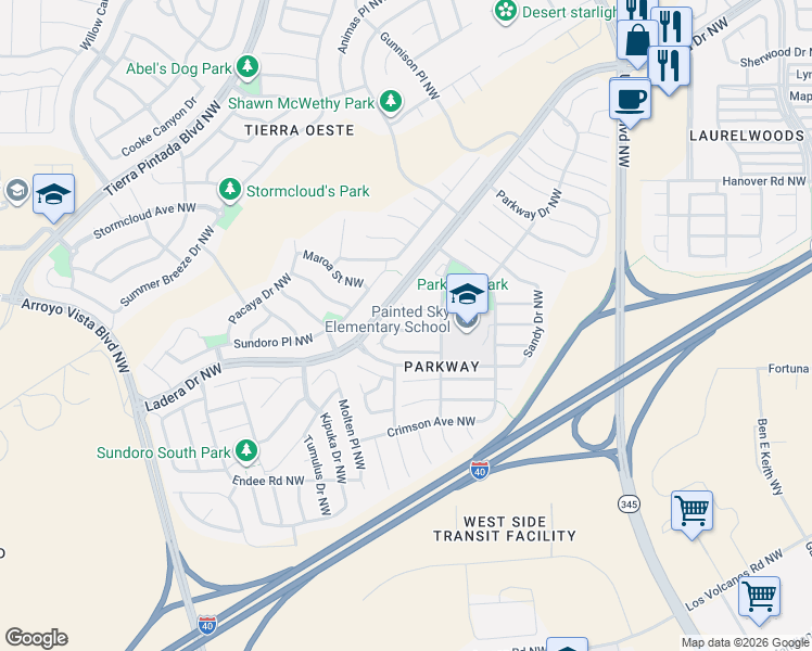 map of restaurants, bars, coffee shops, grocery stores, and more near 8412 Cedarcroft Road Northwest in Albuquerque