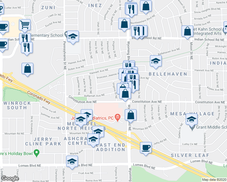 map of restaurants, bars, coffee shops, grocery stores, and more near 8045 Bellamah Avenue Northeast in Albuquerque