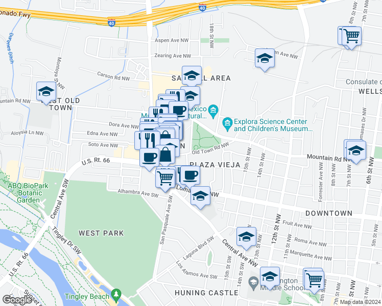 map of restaurants, bars, coffee shops, grocery stores, and more near 19th St NW & Old Town Rd NW in Albuquerque