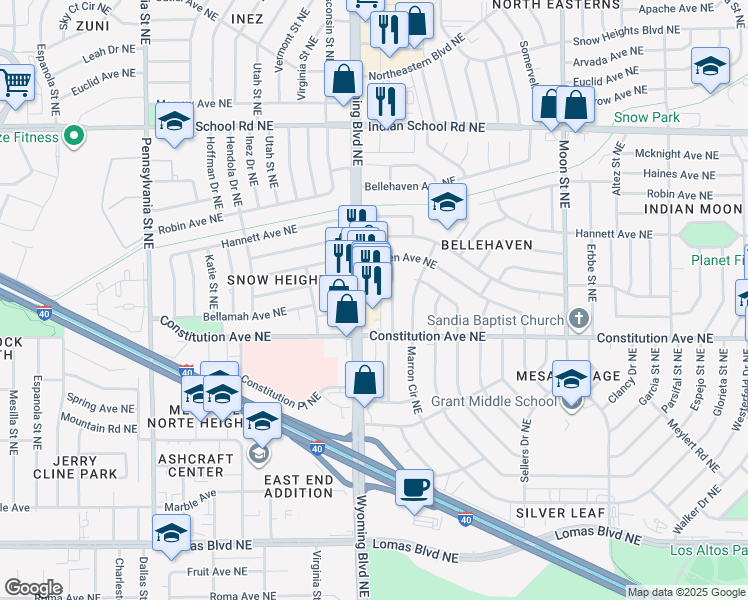 map of restaurants, bars, coffee shops, grocery stores, and more near 1417 Boatright Drive Northeast in Albuquerque