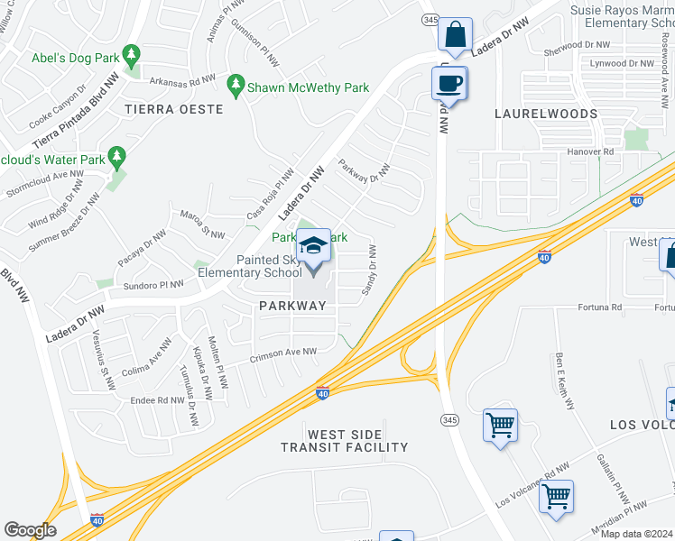 map of restaurants, bars, coffee shops, grocery stores, and more near Lyndsi Ave NW in Albuquerque