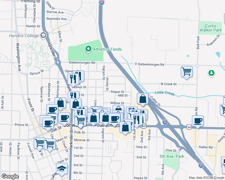 map of restaurants, bars, coffee shops, grocery stores, and more near 421 Angus Street in Conway