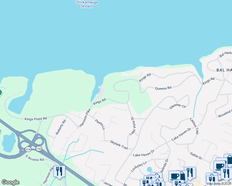 map of restaurants, bars, coffee shops, grocery stores, and more near 3591 Kings Road in Chattanooga