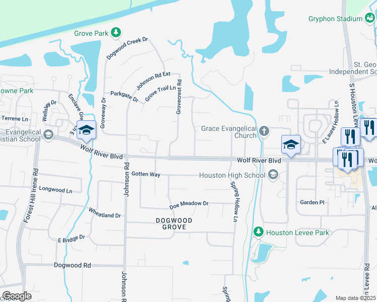 map of restaurants, bars, coffee shops, grocery stores, and more near 9529 Wolf River Boulevard in Germantown