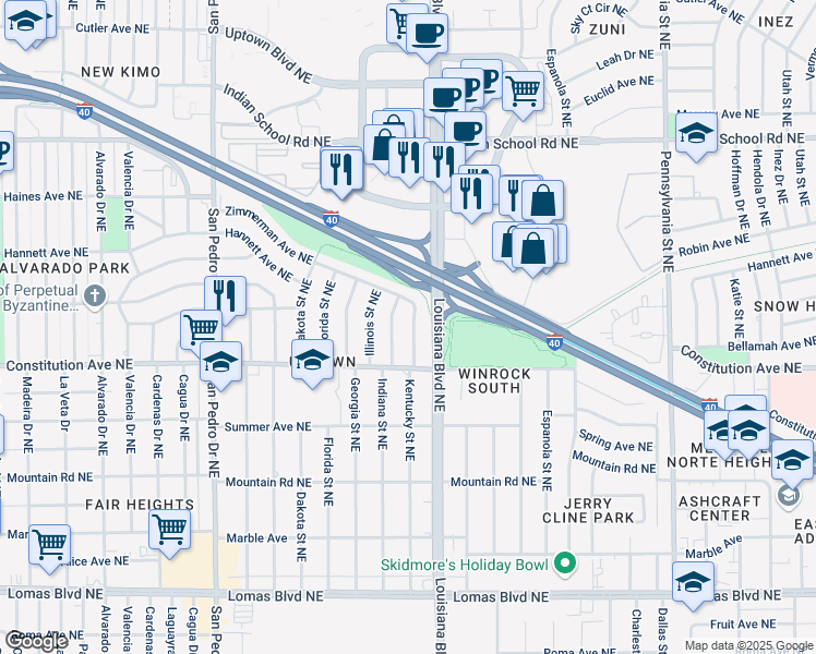 map of restaurants, bars, coffee shops, grocery stores, and more near 1816 Indiana Street Northeast in Albuquerque