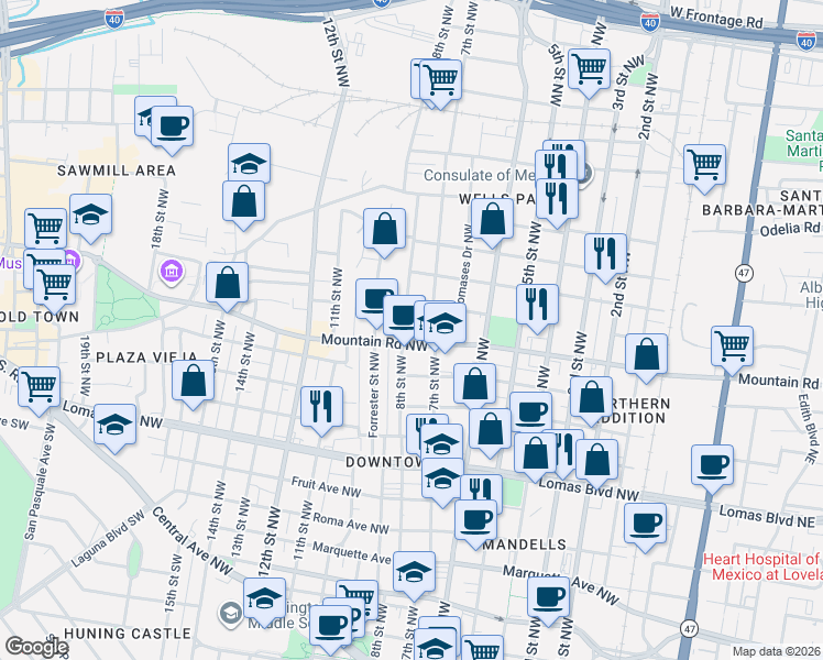 map of restaurants, bars, coffee shops, grocery stores, and more near 705 Mountain Road Northwest in Albuquerque
