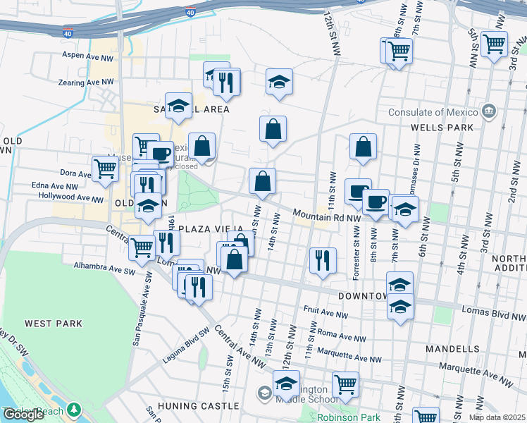 map of restaurants, bars, coffee shops, grocery stores, and more near 716 15th Street Northwest in Albuquerque