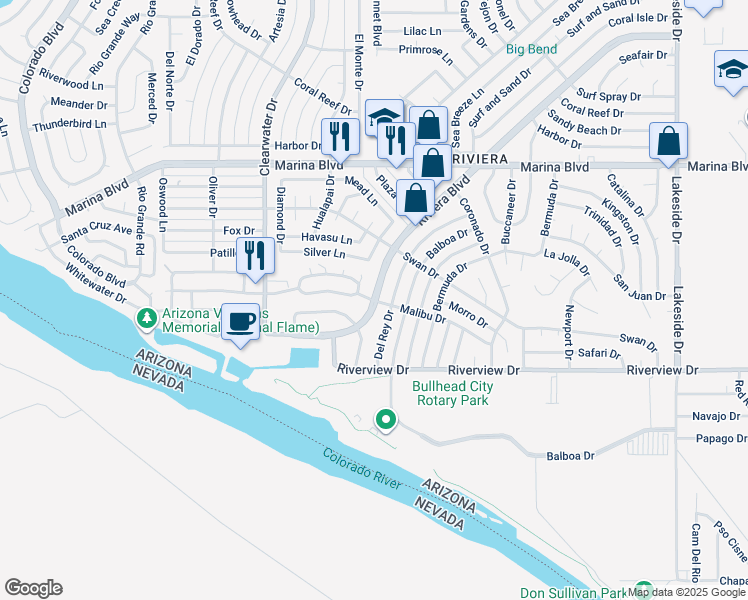 map of restaurants, bars, coffee shops, grocery stores, and more near 2185 Del Rey Drive in Bullhead City