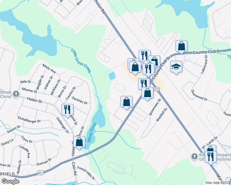map of restaurants, bars, coffee shops, grocery stores, and more near 3418 Gardner Street in Fayetteville