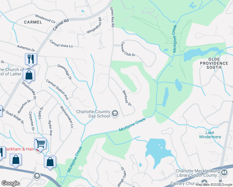 map of restaurants, bars, coffee shops, grocery stores, and more near 5715 Green Rea Road in Charlotte