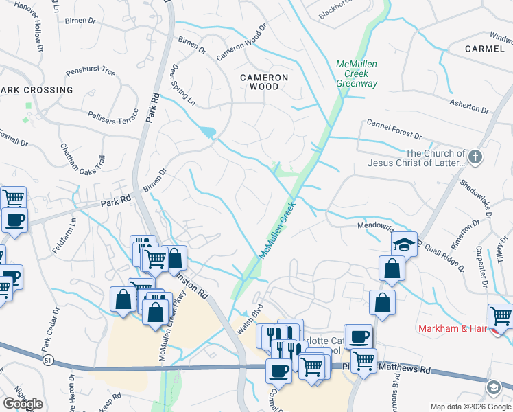 map of restaurants, bars, coffee shops, grocery stores, and more near 10127 Standing Stone Court in Charlotte