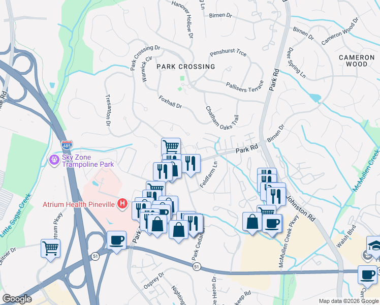map of restaurants, bars, coffee shops, grocery stores, and more near 10307 John's Towne Drive in Charlotte