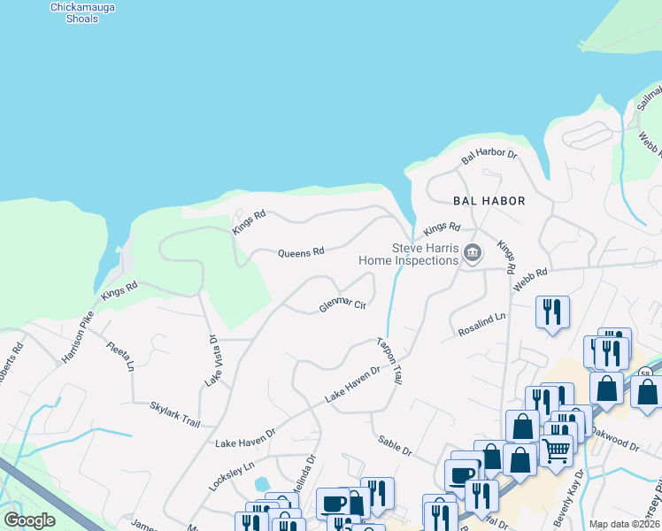 map of restaurants, bars, coffee shops, grocery stores, and more near 4842 Glenmar Circle in Chattanooga