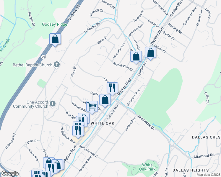 map of restaurants, bars, coffee shops, grocery stores, and more near 112 Peace Street in Chattanooga