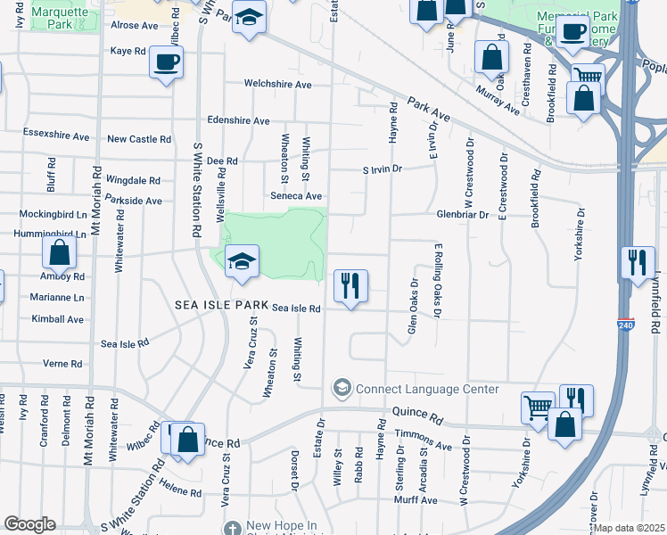 map of restaurants, bars, coffee shops, grocery stores, and more near 5325 Colony Lane in Memphis