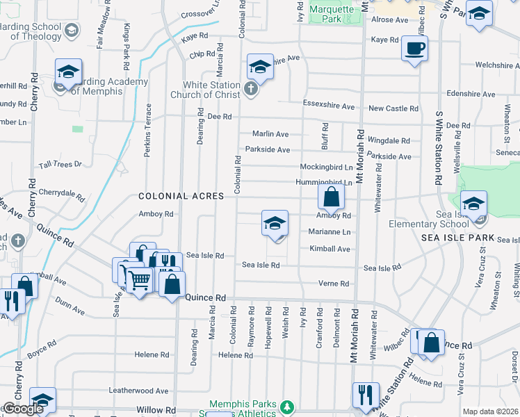 map of restaurants, bars, coffee shops, grocery stores, and more near 4787 Amboy Road in Memphis