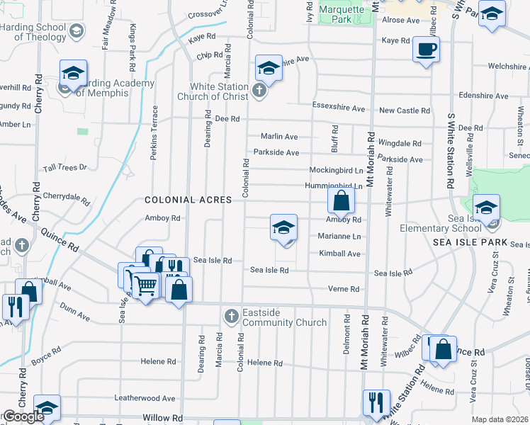 map of restaurants, bars, coffee shops, grocery stores, and more near 4787 Amboy Road in Memphis