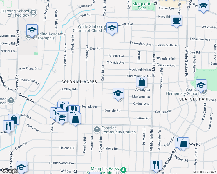 map of restaurants, bars, coffee shops, grocery stores, and more near 4787 Amboy Road in Memphis