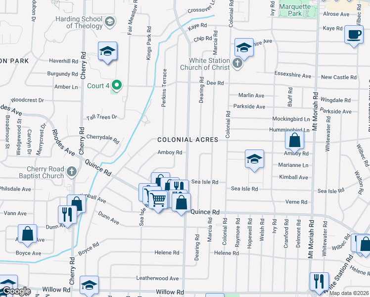 map of restaurants, bars, coffee shops, grocery stores, and more near 1329 South Perkins Road in Memphis