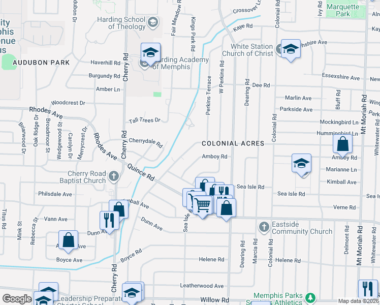 map of restaurants, bars, coffee shops, grocery stores, and more near 4566 Amboy Road in Memphis