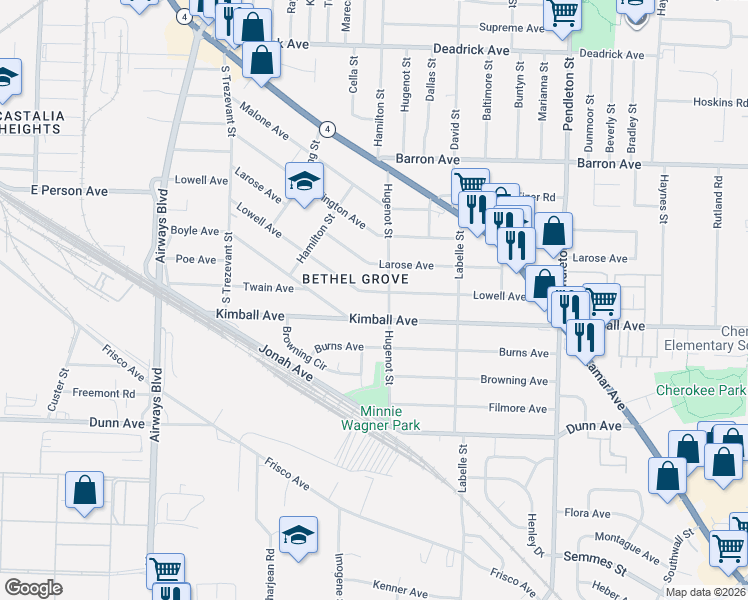 map of restaurants, bars, coffee shops, grocery stores, and more near 2566 Kimball Avenue in Memphis