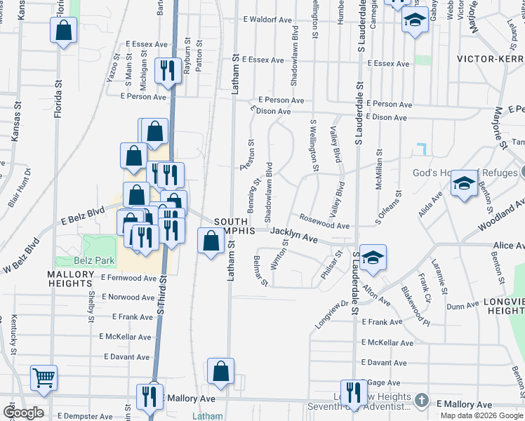 map of restaurants, bars, coffee shops, grocery stores, and more near 1892 Shadowlawn Boulevard in Memphis