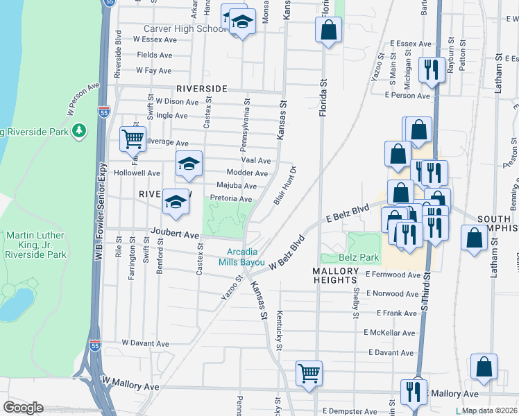 map of restaurants, bars, coffee shops, grocery stores, and more near 1895 Blair Hunt Drive in Memphis