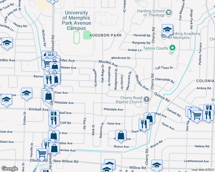map of restaurants, bars, coffee shops, grocery stores, and more near 1319 Broadmoor Street in Memphis