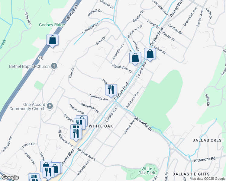 map of restaurants, bars, coffee shops, grocery stores, and more near 2405 Dayton Boulevard in Chattanooga