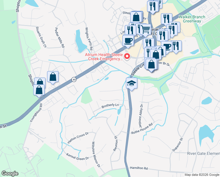 map of restaurants, bars, coffee shops, grocery stores, and more near 13119 Asheford Woods Lane in Charlotte