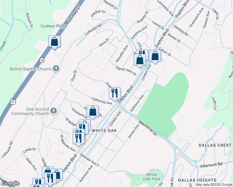 map of restaurants, bars, coffee shops, grocery stores, and more near 2405 Dayton Boulevard in Chattanooga