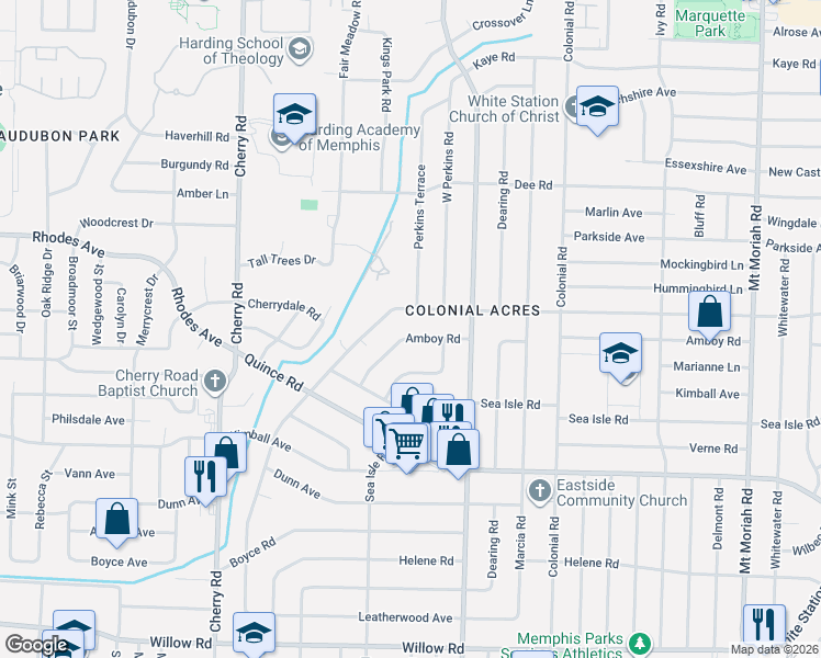 map of restaurants, bars, coffee shops, grocery stores, and more near 4609 Amboy Road in Memphis