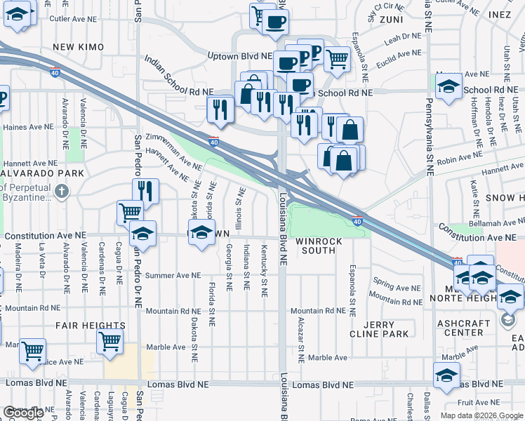 map of restaurants, bars, coffee shops, grocery stores, and more near 1816 Indiana Street Northeast in Albuquerque
